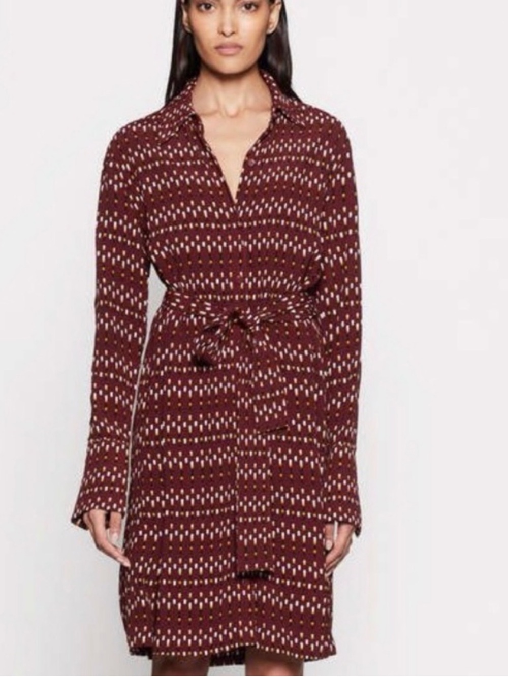 Equipment Burgundy Printed Tie-Waist Long-Sleeve Dress no belt